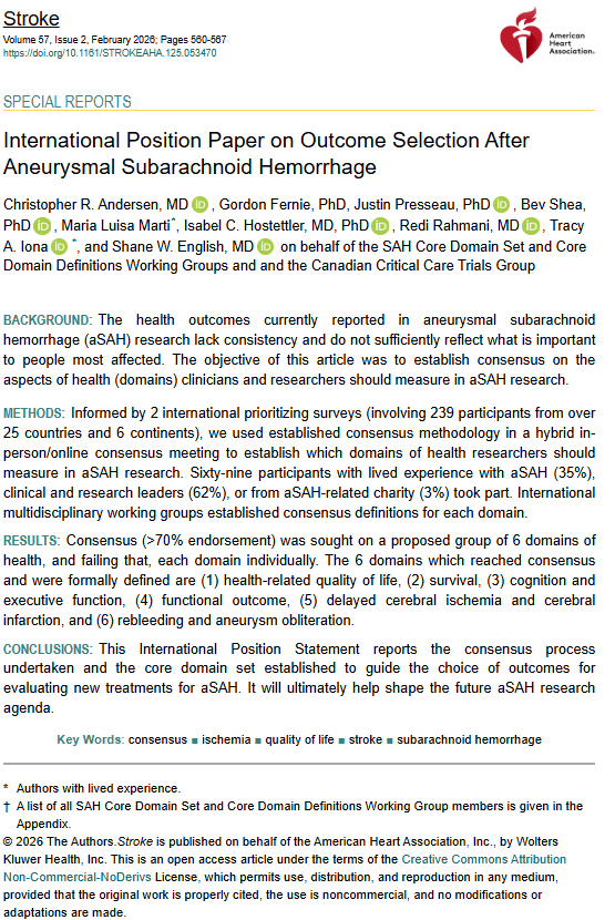 The abstract for the International Position Paper on Outcome Selection After Aneurysmal Subarachnoid Hemorrhage.